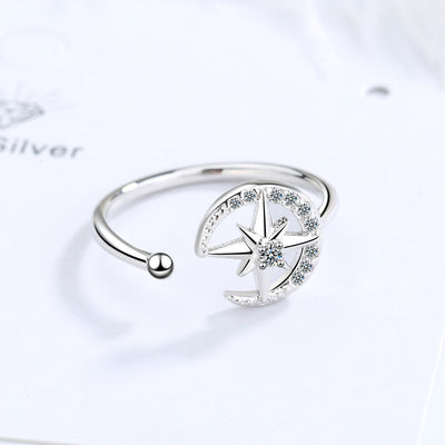 Anillo de Moda Mujer Estilo Japonés con Diamante y Luna Estrella Abierto - Image 5