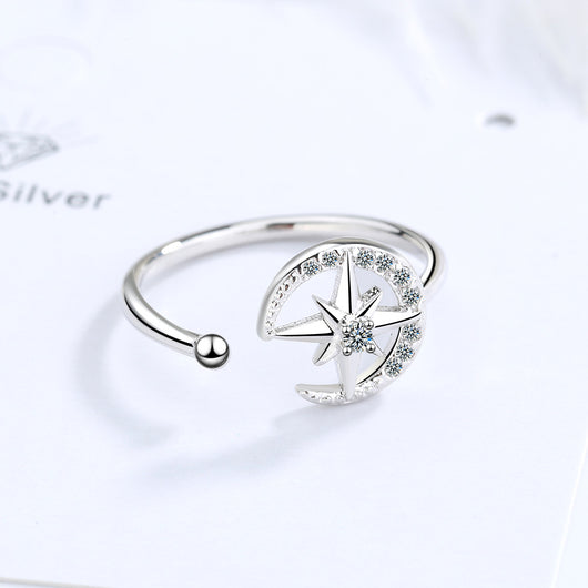 Anillo de Moda Mujer Estilo Japonés con Diamante y Luna Estrella Abierto - Image 5