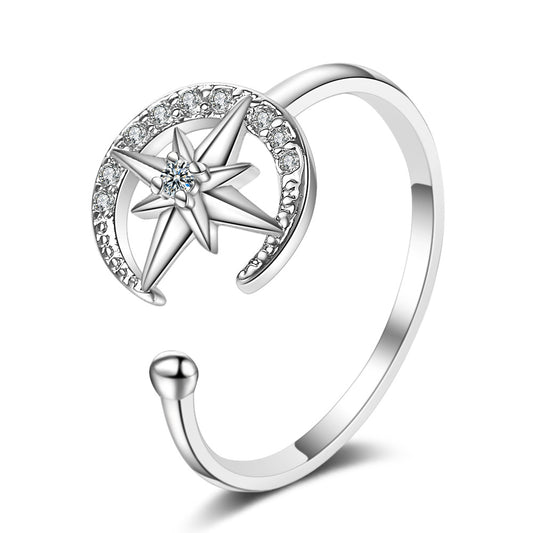 Anillo de Moda Mujer Estilo Japonés con Diamante y Luna Estrella Abierto - Image 2