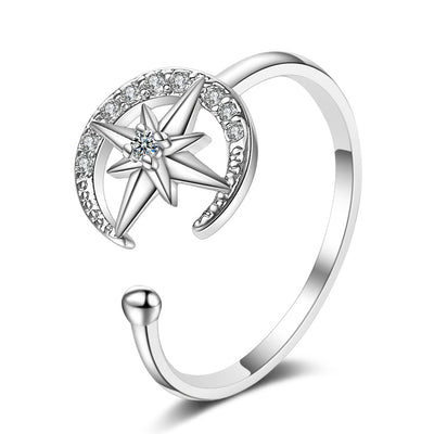 Anillo de Moda Mujer Estilo Japonés con Diamante y Luna Estrella Abierto - Image 2