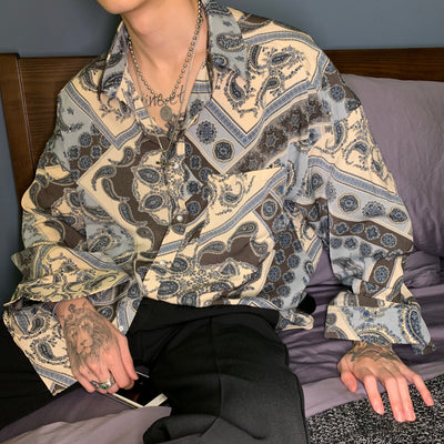 Camisa Retro de Manga Larga para Hombre con Estampado Totem Flor de Cajú - Image 11