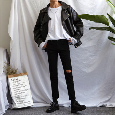 Pantalones Vaqueros Rotos Estilo Coreano Slim Fit Para Hombre - Largo 9/10 - Image 8