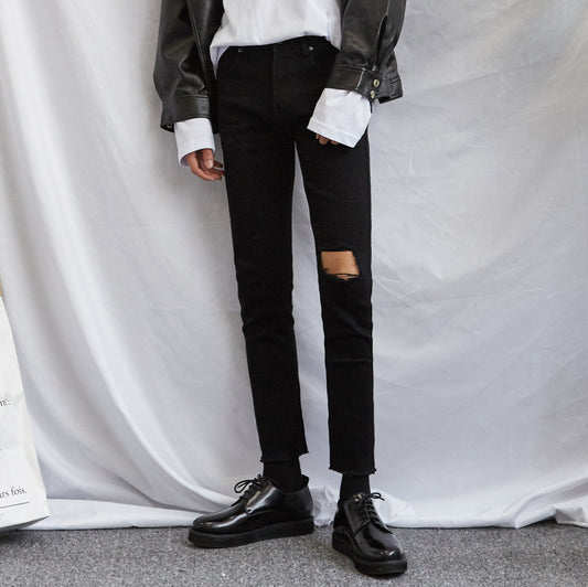 Pantalones Vaqueros Rotos Estilo Coreano Slim Fit Para Hombre - Largo 9/10