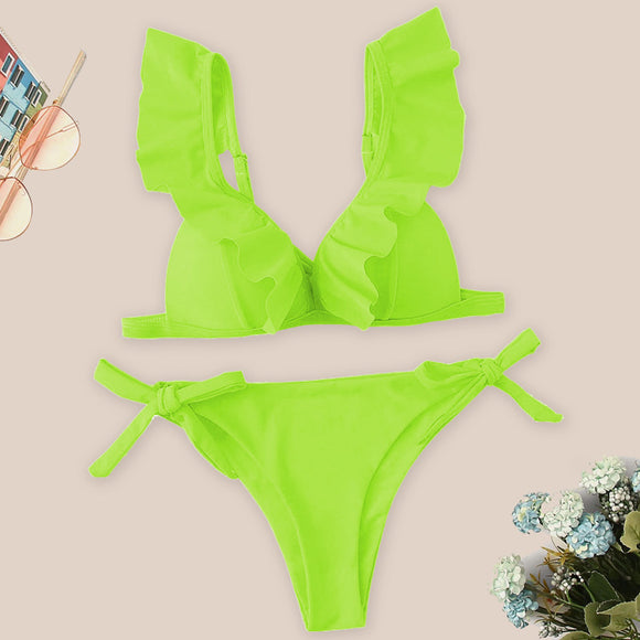 Bikini Sexy Fruncido con Cuello en V y Colores Lisos