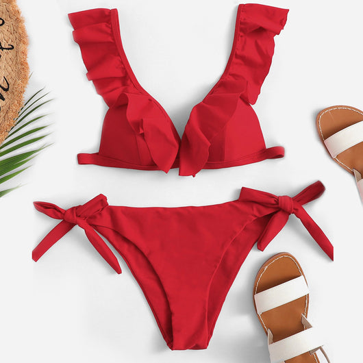 Bikini Sexy Fruncido con Cuello en V y Colores Lisos - Image 3