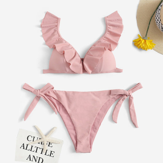 Bikini Sexy Fruncido con Cuello en V y Colores Lisos - Image 4