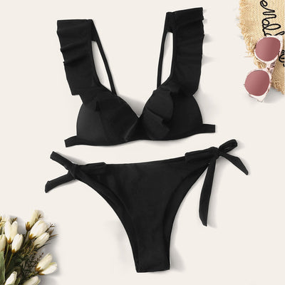 Bikini Sexy Fruncido con Cuello en V y Colores Lisos - Image 7