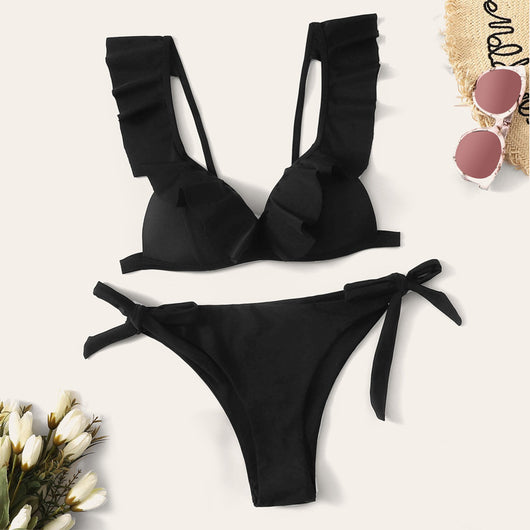 Bikini Sexy Fruncido con Cuello en V y Colores Lisos - Image 7