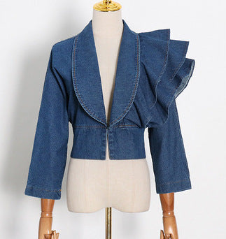 Blusa Denim con Cuello en V y Volantes - Manga Larga Primavera - Image 3