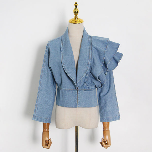 Blusa Denim con Cuello en V y Volantes - Manga Larga Primavera