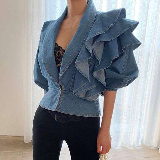 Blusa Denim con Cuello en V y Volantes - Manga Larga Primavera