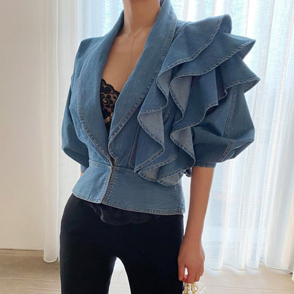 Blusa Denim con Cuello en V y Volantes - Manga Larga Primavera