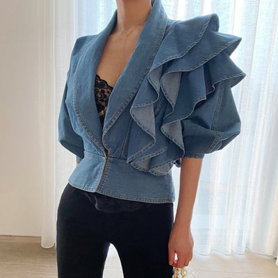 Blusa Denim con Cuello en V y Volantes - Manga Larga Primavera