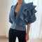 Blusa Denim con Cuello en V y Volantes - Manga Larga Primavera