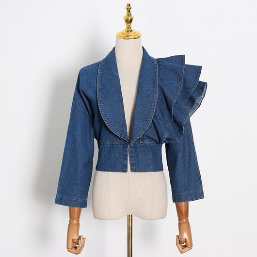 Blusa Denim con Cuello en V y Volantes - Manga Larga Primavera - Image 4