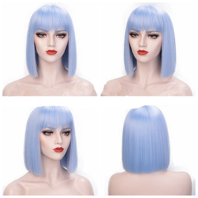 Peluca Bob Corta Encaje Completo Cabello Liso con Flequillo - Ombré Gris 12 Pulgadas - Image 3