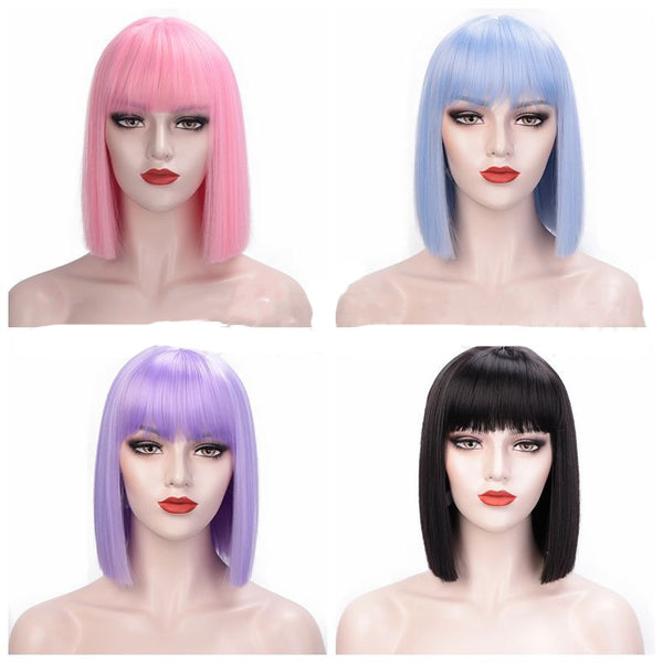 Peluca Bob Corta Encaje Completo Cabello Liso con Flequillo - Ombré Gris 12 Pulgadas