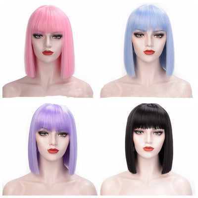 Peluca Bob Corta Encaje Completo Cabello Liso con Flequillo - Ombré Gris 12 Pulgadas - Image 2