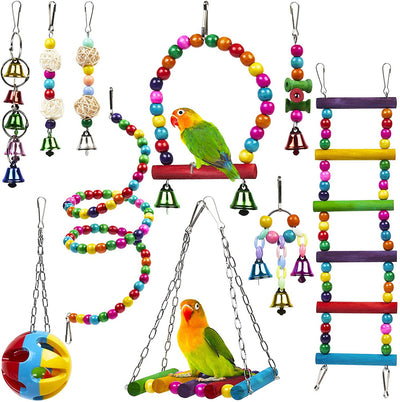 15-piece set of colorful wooden parrot toys including swings, ladders, chewing balls, and bells for birds. - Image 4