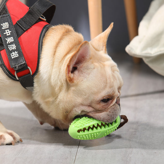 Brown textured pet chew toy with a rope and grey suction cup, designed for food leakage and dental cleaning.