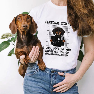 Playera Suelta Pareja Estampado Dachshund Cartoon - Unisex Manga Corta - Image 8