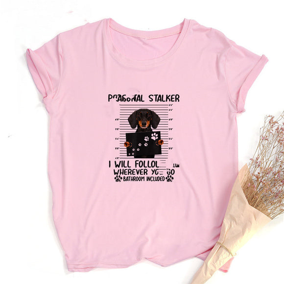Playera Suelta Pareja Estampado Dachshund Cartoon - Unisex Manga Corta
