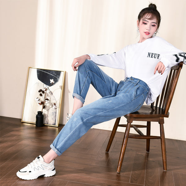 Pantalones Vaqueros Talla Grande Cintura Alta Corte Relajado Mujer