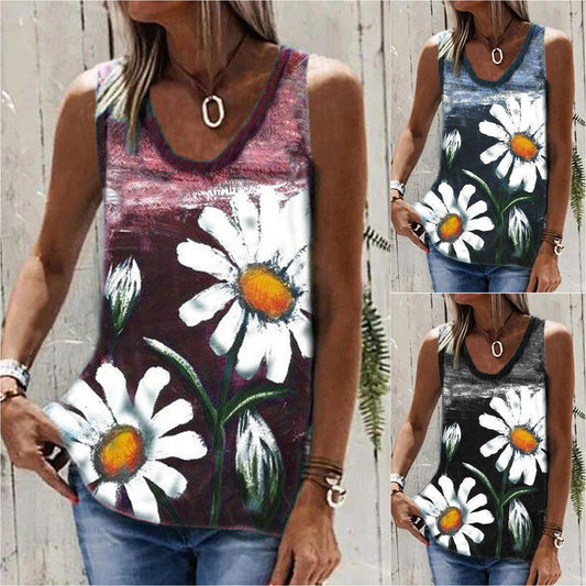 Blusa Mujer Sin Mangas Cuello Redondo Estampado Crisantemo