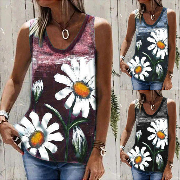 Blusa Mujer Sin Mangas Cuello Redondo Estampado Crisantemo