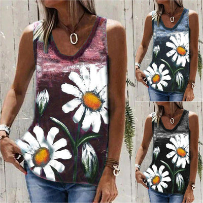 Blusa Mujer Sin Mangas Cuello Redondo Estampado Crisantemo