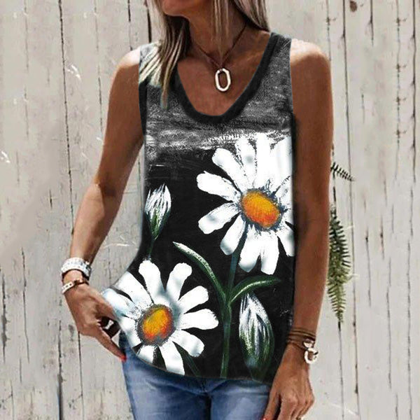 Blusa Mujer Sin Mangas Cuello Redondo Estampado Crisantemo
