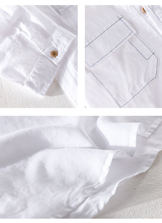 Camisa de Lino y Algodón Suelta con Bolsillo - Manga Cinco Puntos Blanca - Image 8