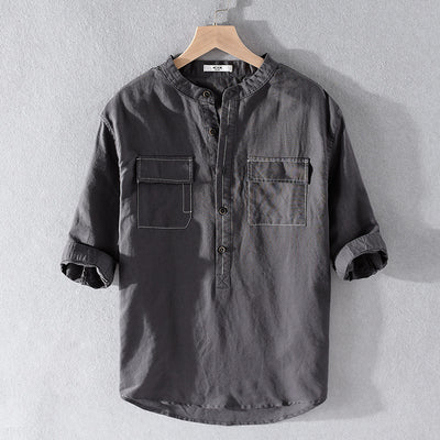 Camisa de Lino y Algodón Suelta con Bolsillo - Manga Cinco Puntos Blanca - Image 10
