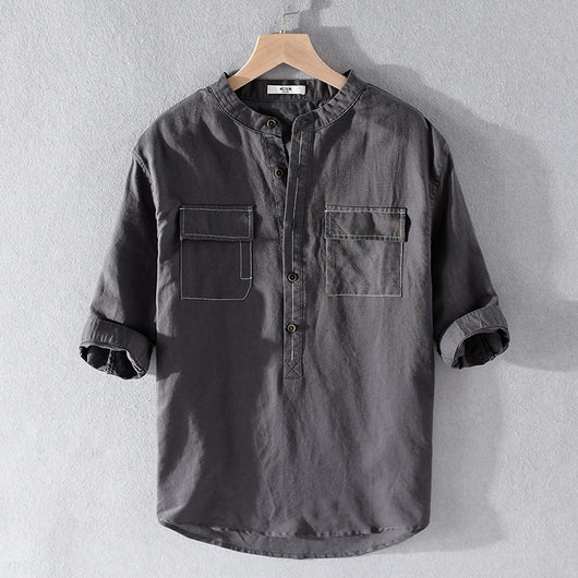 Camisa de Lino y Algodón Suelta con Bolsillo - Manga Cinco Puntos Blanca - Image 10