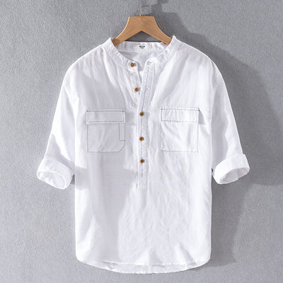 Camisa de Lino y Algodón Suelta con Bolsillo - Manga Cinco Puntos Blanca - Image 9