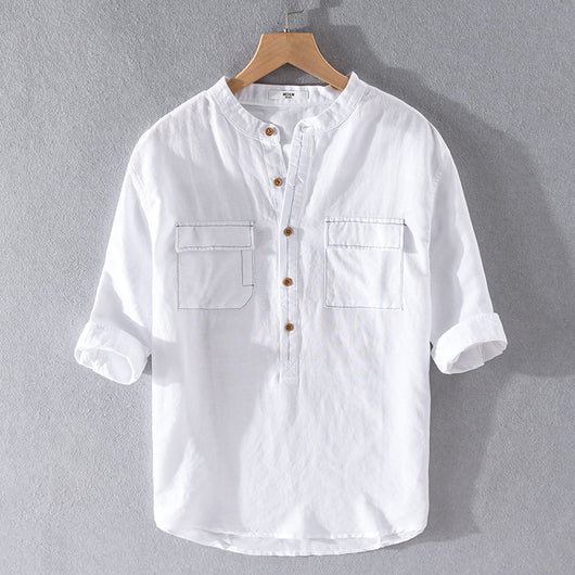 Camisa de Lino y Algodón Suelta con Bolsillo - Manga Cinco Puntos Blanca - Image 9