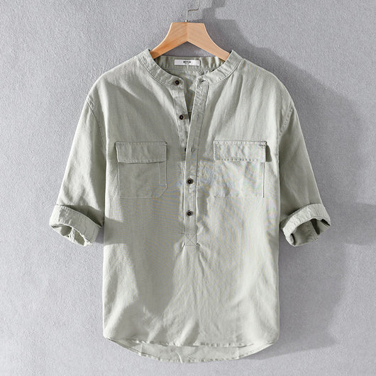 Camisa de Lino y Algodón Suelta con Bolsillo - Manga Cinco Puntos Blanca - Image 11