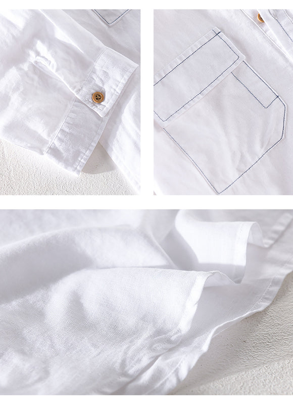 Camisa de Lino y Algodón Suelta con Bolsillo - Manga Cinco Puntos Blanca