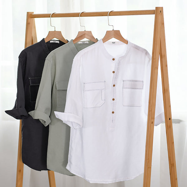 Camisa de Lino y Algodón Suelta con Bolsillo - Manga Cinco Puntos Blanca