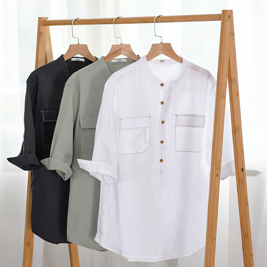 Camisa de Lino y Algodón Suelta con Bolsillo - Manga Cinco Puntos Blanca