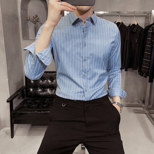 Camisa Ejecutiva Gris a Rayas - Manga Larga Slim Fit sin Planchado