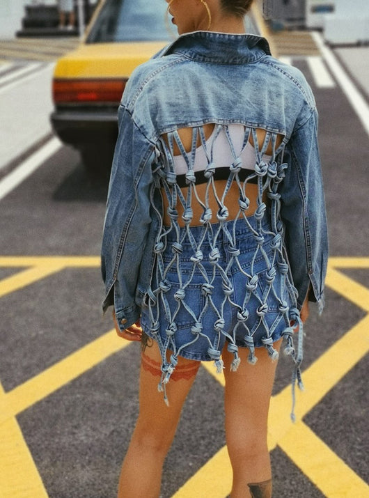 Chaqueta Denim Suelta con Espalda de Malla y Flecos - Image 6
