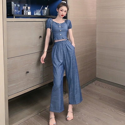 Conjunto de Dos Piezas: Chaqueta Denim Corta y Pantalón Ancho Verano - Image 11