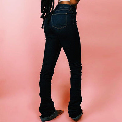 Pantalones Denim Azul Cintura Alta Fruncidos con Efecto Stacked - Image 17