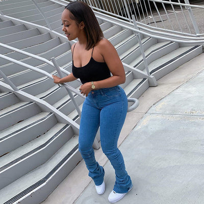 Pantalones Denim Azul Cintura Alta Fruncidos con Efecto Stacked - Image 20