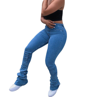 Pantalones Denim Azul Cintura Alta Fruncidos con Efecto Stacked - Image 24