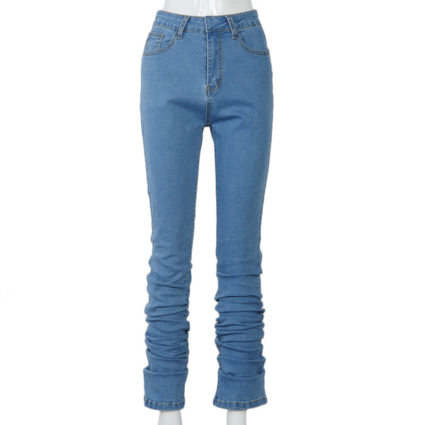 Pantalones Denim Azul Cintura Alta Fruncidos con Efecto Stacked