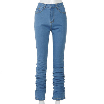 Pantalones Denim Azul Cintura Alta Fruncidos con Efecto Stacked - Image 2