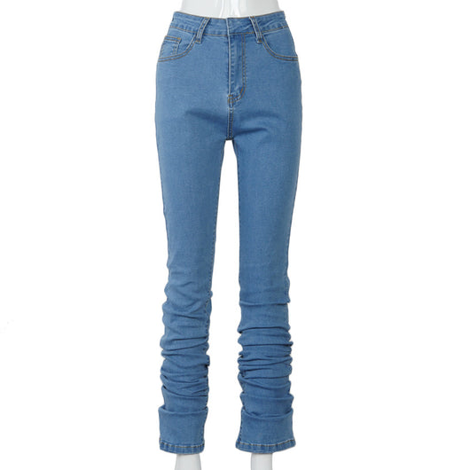 Pantalones Denim Azul Cintura Alta Fruncidos con Efecto Stacked - Image 2