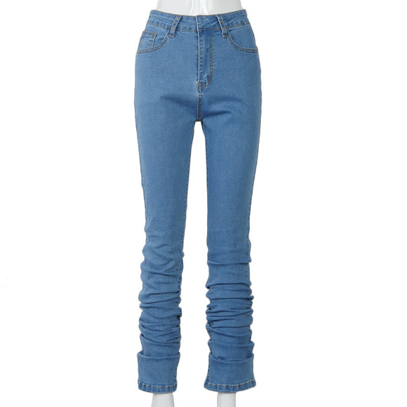 Blue High Waist Shirred Stacked Effect Denim Pants